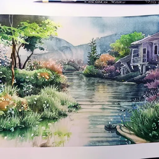 Image similar to Beautiful happy picturesque charming sci-fi town in harmony with nature. Beautiful light. Water and plants. Nice colour scheme, soft warm colour. Beautiful detailed watercolor by Lurid. (2022)