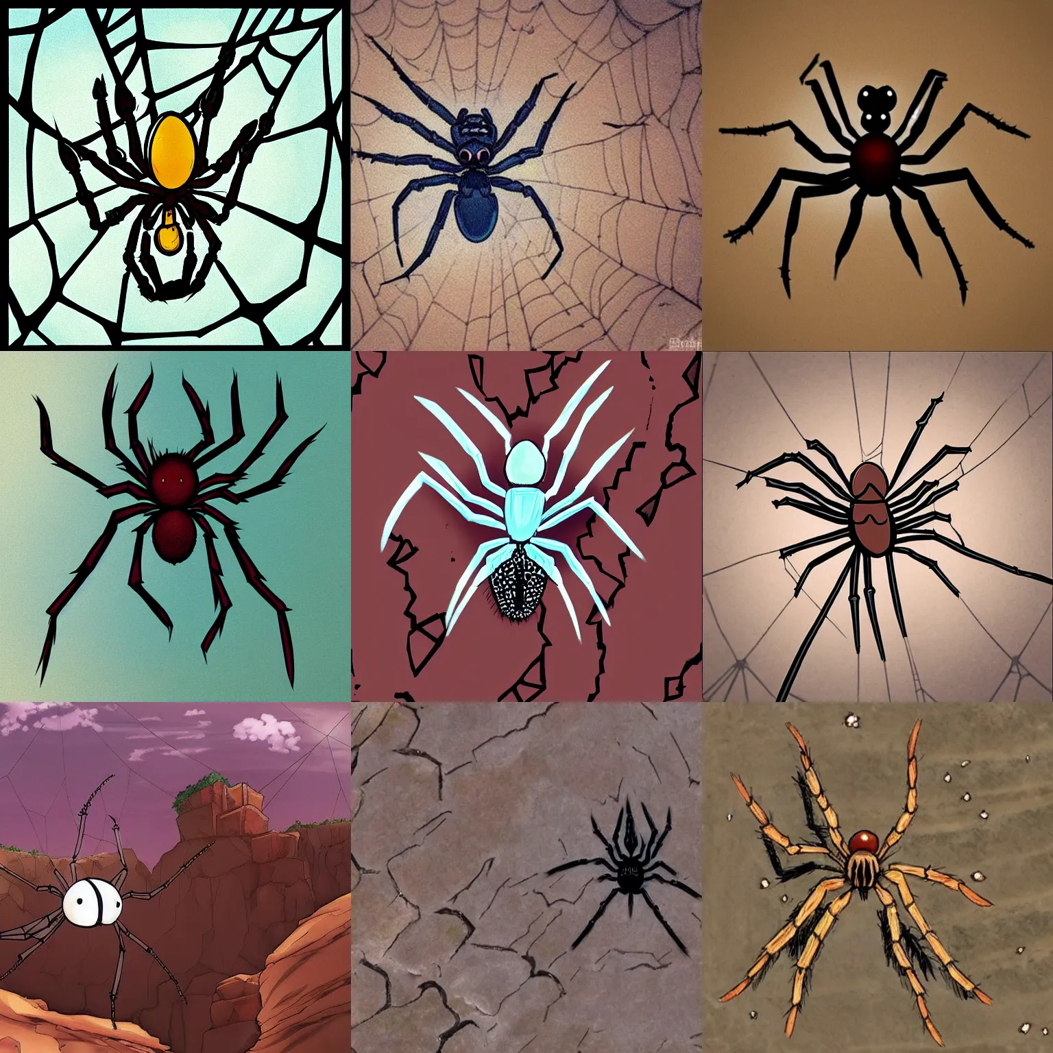Prompt: “a spider in a sandstone pit, anime style”