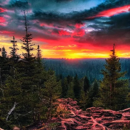 Image similar to sunset above forest, beautiful landscape, high detail, instagram photo, professional dslr photo, creative composition, beautiful composition