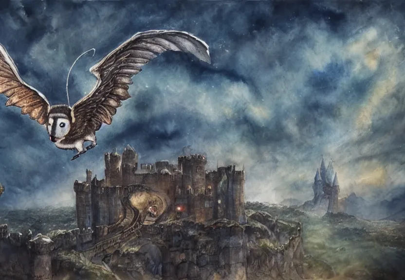 Image similar to epic winged possum flying over a medieval castle under a dark starred sky, dark fantasy, watercolor, dreaming illusion, highly detailed, 4k, trending on Artstation, award-winning