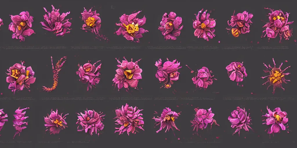 Prompt: game asset of unique lovecraftian flower on black background, in gouache detailed paintings, props, stylized, 2 d sprites, kitbash, 8 k, close up