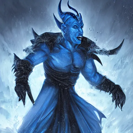 Image similar to a blue tiefling man wearing dark cloths frozen in ice and being shattering into a million pieces, action, cracked, destroyed, shattering, breaking, by Tony Sart, detailed, realistic, masterpiece, symmetrical