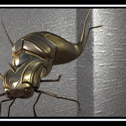 Prompt: 3D render chrome material ancient egypt bug, unreal engine, 4K, dark background