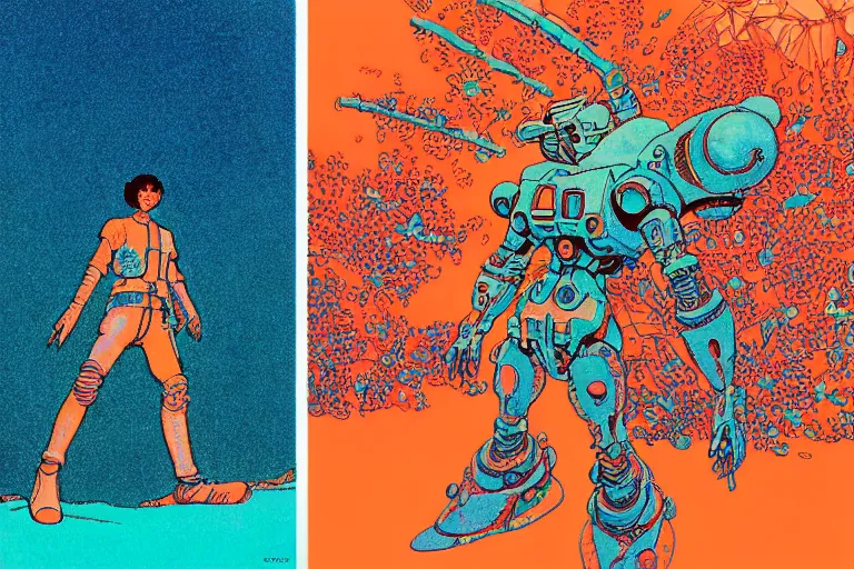 Image similar to risograph grainy drawing vintage sci - fi, satoshi kon color palette, gigantic gundam full - body covered in iridescent dead coral reef 1 9 6 0, kodak, with lot tentacles, natural colors, codex seraphinianus painting by moebius and satoshi kon and dirk dzimirsky close - up portrait
