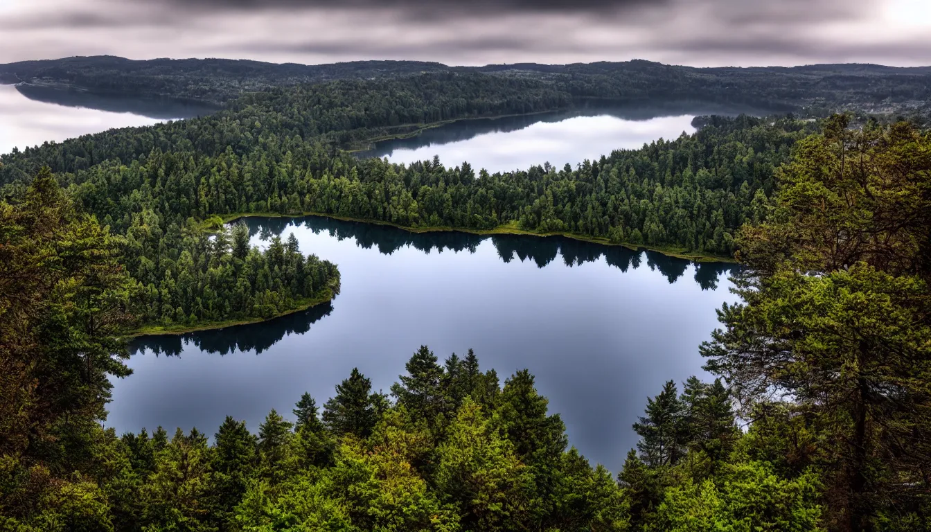 Image similar to calm lakeshore view from hill, cloud reflections, trees, nature, atmospheric, scary, claustrophobic, ambient vibe, very detailed, high resolution, 8 k