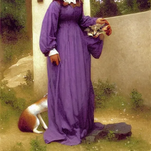 Prompt: An anthropomorphic fox maiden in a purple dress, cottagecore, by bouguereau