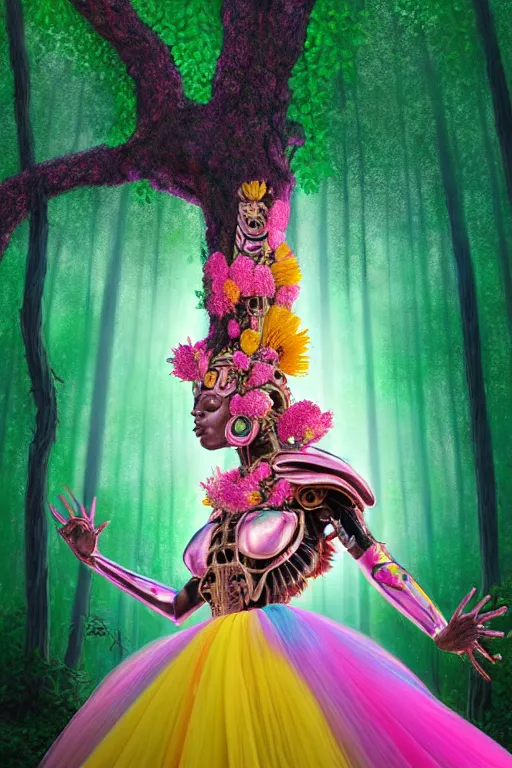 Image similar to high quality photo neo - rococo cinematic super expressive! yoruba goddess with exoskeleton armor, merging with tree in a forest, pink yellow flowers, highly detailed digital art masterpiece, smooth etienne sandorfi eric zener dramatic pearlescent soft teal light, ground angle hd 8 k, sharp focus