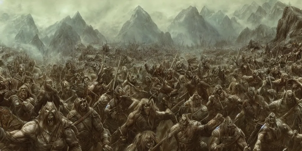 Image similar to A large group of Orcs from the Misty Mountains attacking the army of Aragorn, detailed matte painting, cinematic, Alan Lee, Artstation