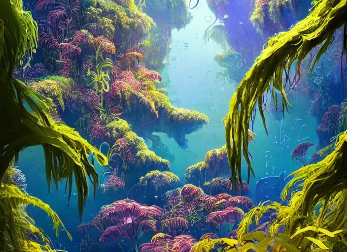 Prompt: lush foliage in art nouveau favela, underwater environment, borealis, scenery, professional, award - winning, trending on artstation, hyper detailed, realistic, beautiful, emotional, shiny, golden, picture