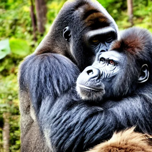 Prompt: a gorilla hugging a tiger,