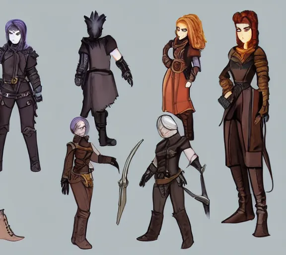 Prompt: video game concept art character sheet, high fantasy, rogue, thief, leather clothing