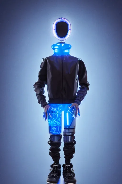 Image similar to a cyberpunk humanoid robot with a blue led face wearing a bomber jacket and air jordans