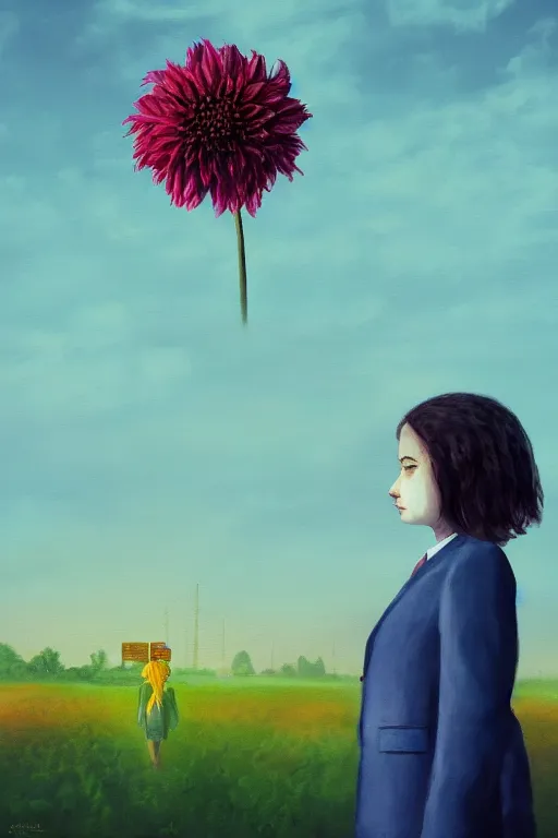 Image similar to closeup giant dahlia flower head, girl in a suit on a street, surreal photography, blue sky, sunrise, dramatic light, impressionist painting, digital painting, artstation, simon stalenhag