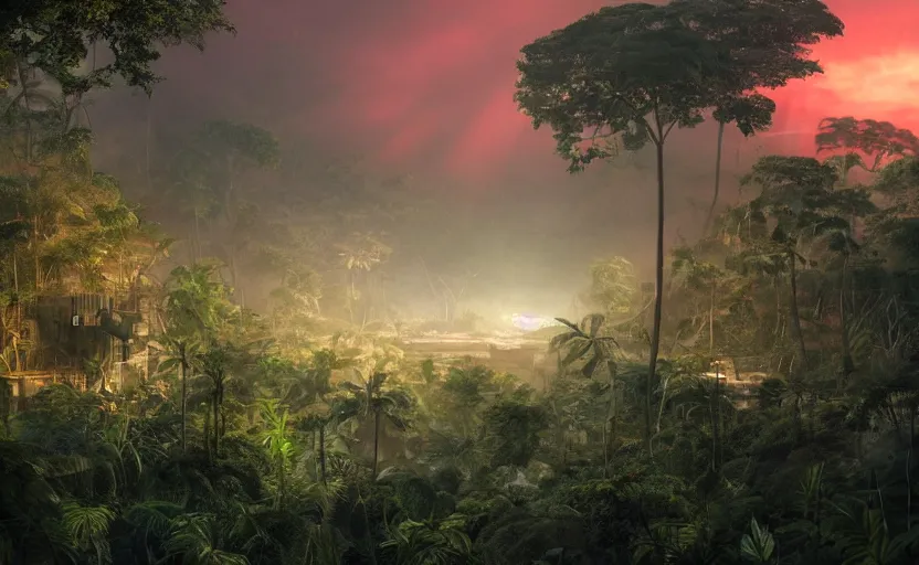 Prompt: a beautiful render of a sci - fi military industrial facility localized in a jungle cave, lush flora, patches of yellowish - red - magenta sky, sunset lighting, intricate detail, hazy, humid, volumetric lighting, god rays, 8 k, photorealistic, raytracing effects, rtx on