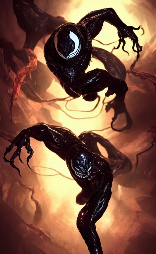 Image similar to venom as the scariest flash, dynamic lighting, fantasy concept art, trending on art station, stunning visuals, creative, cinematic, ultra detailed, ray tracing, sun rays, hyper realistic