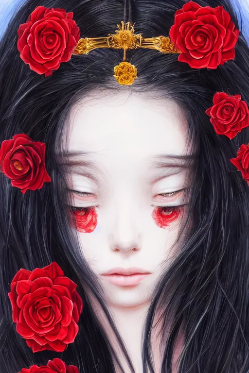 Prompt: high quality digital portrait of woman with long black hair, red eyes, red headband, golden roses in hair, anime, face, fantasy, intricate, elegant, highly detailed, digital painting, concept art, smooth, sharp focus, illustration, art by hiromu arakawa, miho hirano, krenz cushart, sui ishida, trending on artstation