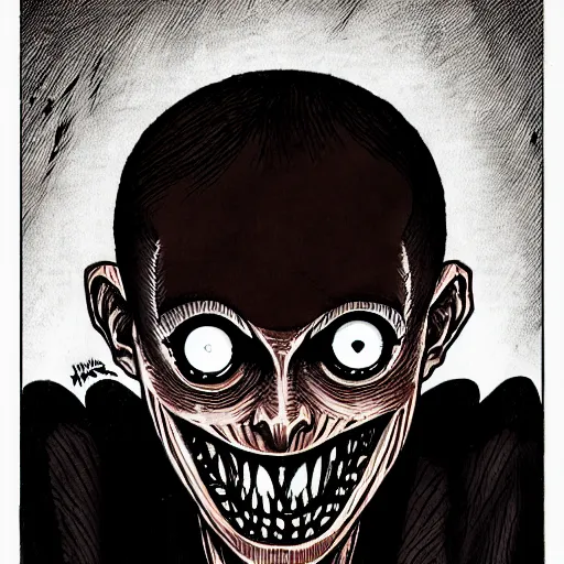 Prompt: a dark brown humanoid, hyper detailed, in the style of junji ito and and junji ito and junji ito, selfie