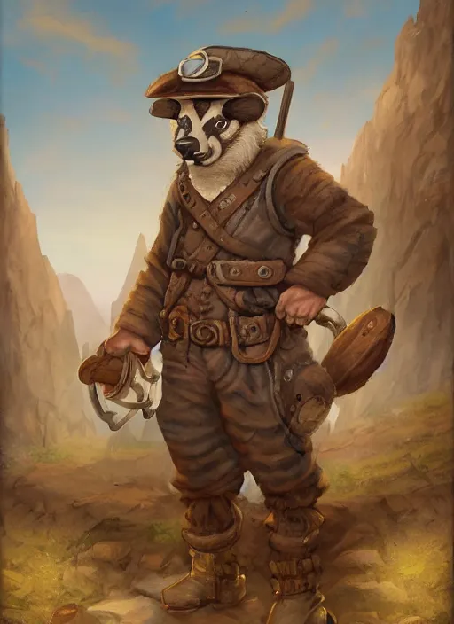 Image similar to fursona commission of a anthro burley badger wearing old-timey miner's clothes. pretty, beautiful, DnD character art portrait, matte fantasy painting. Desert mining town. DeviantArt Artstation, by Jason Felix by Steve Argyle by Tyler Jacobson by Peter Mohrbacher, cinematic lighting