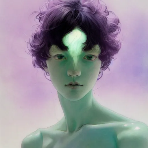 Prompt: prompt : pale violet and deep green portrait in water soft light painted by james jean and katsuhiro otomo and erik jones, inspired by evangeleon anime, smooth face feature, intricate oil painting, high detail illustration, sharp high detail, manga and anime 1 9 9 9