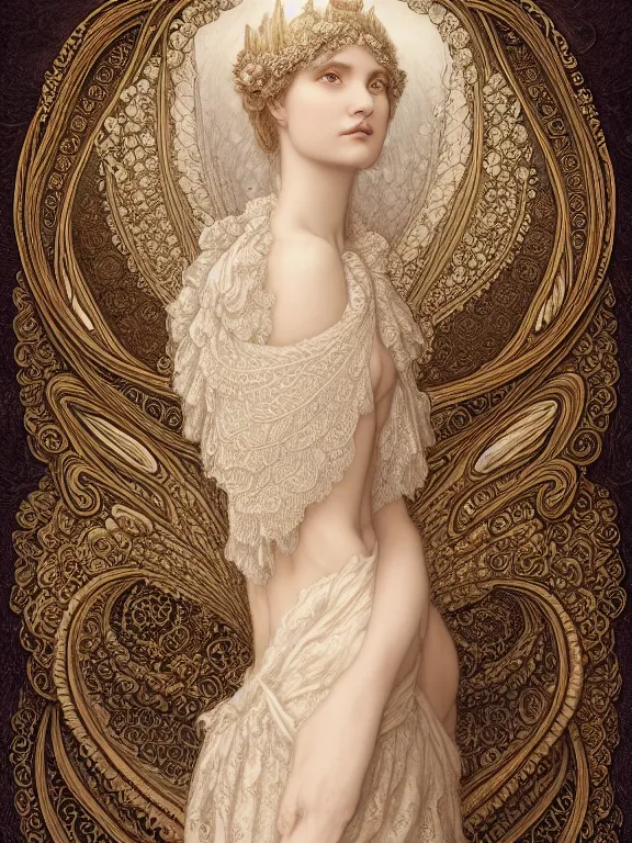 Prompt: Gustave dore beautiful maiden ivory mask intricate ornate wings fractal-lace iridescent-gemstone wearing ivory rococo dress, full view, soft lighting, Hyperdetailed, 4k hd matte painting by Artgerm, Kelly McKernan, Marc Simonetti, Mucha, Klimt, Moebius, James Jean, Irina Istratova, 8k resolution, enchanting and otherworldly, Artstation, CGsociety, detailed, front view