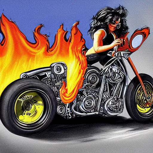 Image similar to a biker chick riding a hotrod muscle car down a street made of fire, digital painting masterpiece, by ed roth and denys cowan and rockin jellybean