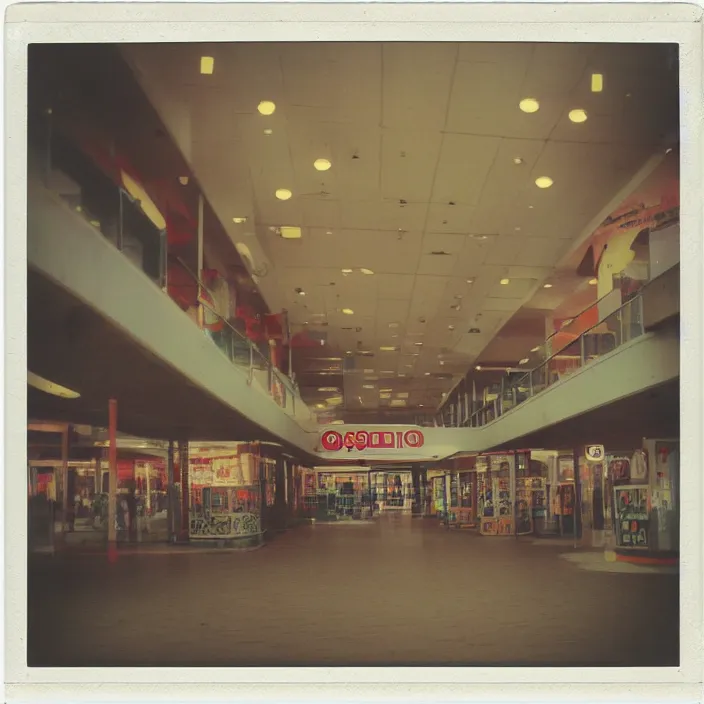 Image similar to unsettling polaroid of a retro mall, deep depth of field. highly detailed, hyper realism, hd, 4 k