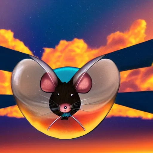 Image similar to a mouse wearing clockwork wings flying through thick orange clouds, sci-fi illustration