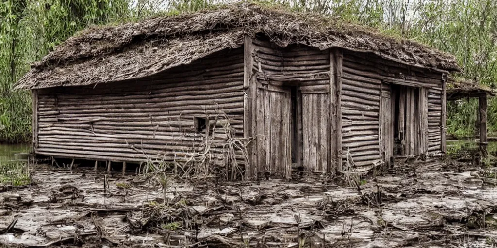 Image similar to abandoned very detailed wooden house, spring, mud, near river, very detailed