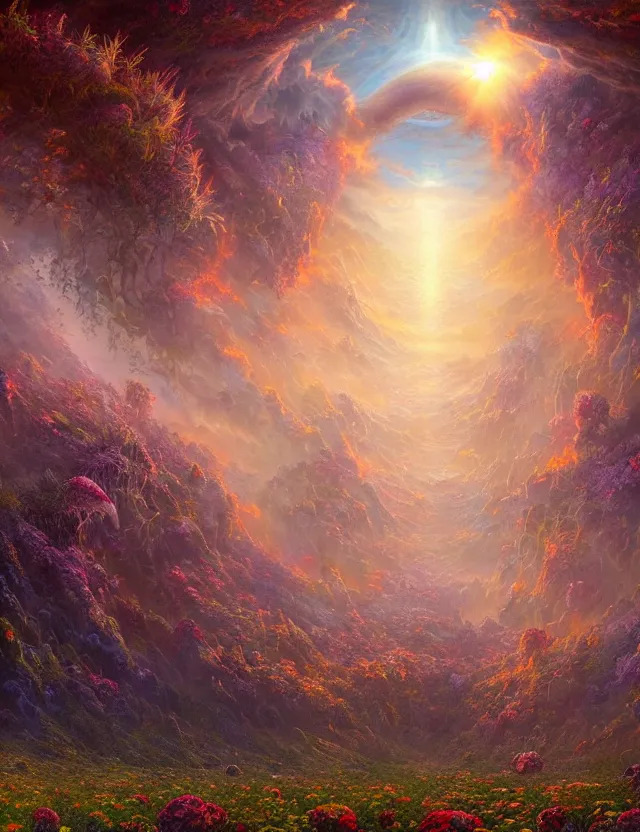 Image similar to A terrifying giant monster made of flowers, beautiful atmosphere, god rays, masterpiece digital painting by Alex Grey, Greg Rutkowski, 4k wallpaper