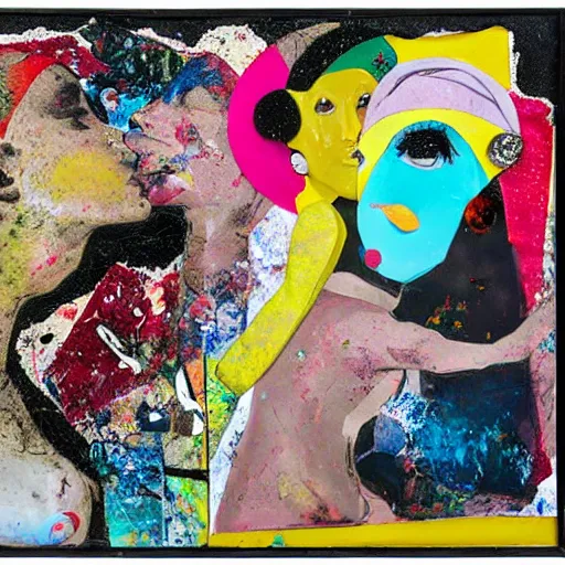 Prompt: two women kissing at a carnival on an alien planet, mixed media collage, retro, paper collage, magazine collage, acrylic paint splatters, bauhaus, abstract claymation, layered paper art, sapphic visual poetry expressing the utmost of desires by jackson pollock