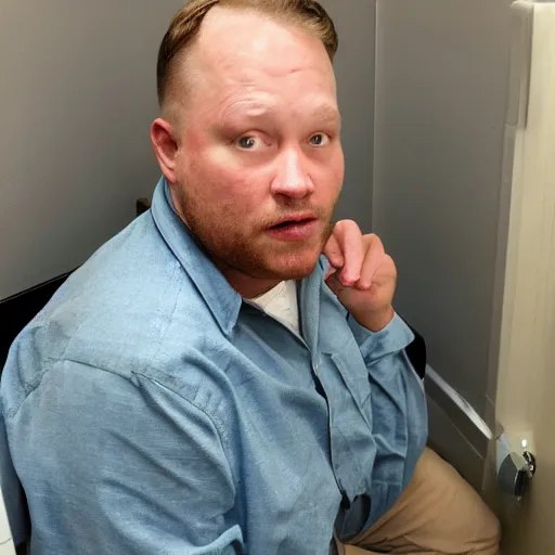 Prompt: a picture of hank shrader with a surprised expression sitting on a toilet