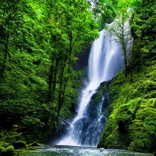 Image similar to a large waterfall surrounded by lush green trees, a matte painting by maud naftel, shutterstock contest winner, naturalism, photo taken with ektachrome, creative commons attribution, high dynamic range
