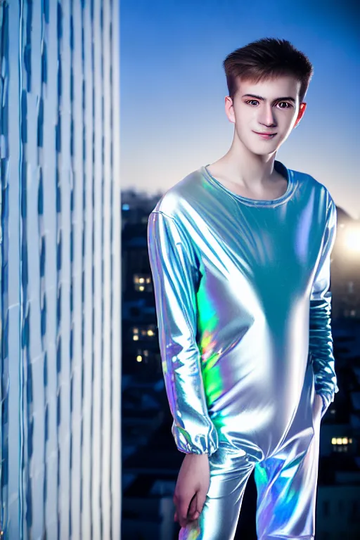 Image similar to un ultra high definition studio quality photographic art portrait of a young man standing on the rooftop of a british apartment building wearing soft baggy inflatable padded silver iridescent pearlescent clothing. three point light. extremely detailed. golden ratio, ray tracing, volumetric light, shallow depth of field. set dressed.