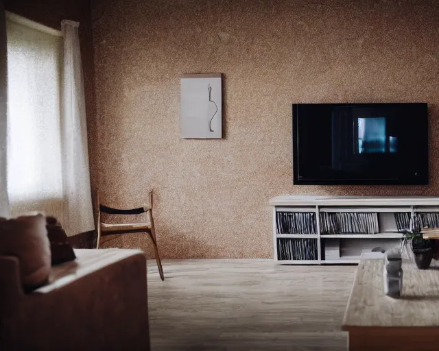 Prompt: Award winning photo of a living room with a TV of a flat abandoned a week ago, 4k, high quality