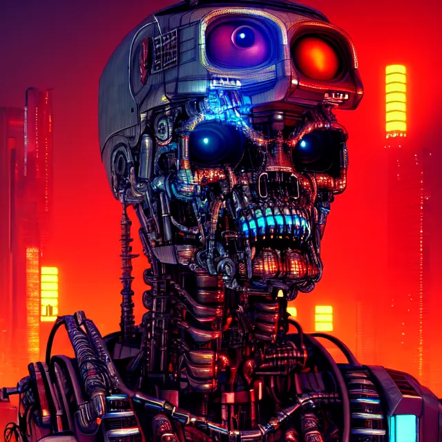 Image similar to Beautiful 3d render of the cyberpunk terminator illuminati robot, centered face, atmospheric lighting, painted, intricate, volumetric lighting, beautiful, rich deep colours masterpiece, sharp focus, ultra detailed, in the style of Dan Mumford and marc simonetti, with a crowded futuristic cyberpunk city in the background, astrophotgraphy