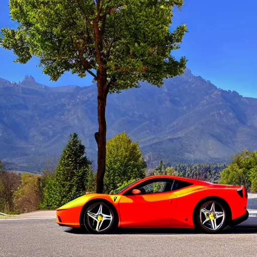 Image similar to a beautiful ferrari park next to a tree it's a sunny day with no cloud in the sky and there is one road next to the car the background is a view of mountains professional photograph