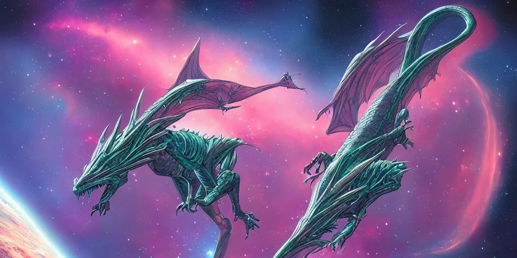 Prompt: an alien dragon flying in outer space, epic nebula, style of Moebius