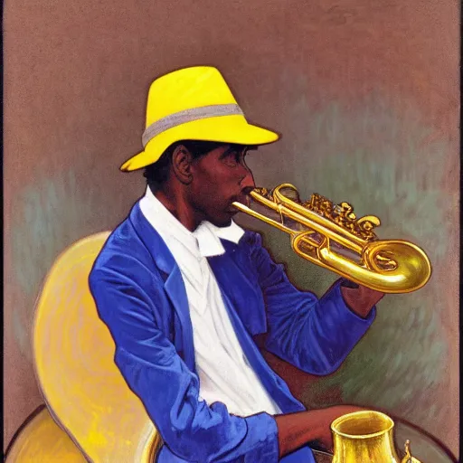 Image similar to man sitting in a yellow costume with a yellow hat holding a saxophone, smoking a cigarette, blue skin, blue smoke, dark background, realistic painting, artwork, meditative, alphonse mucha