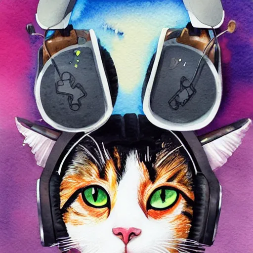 Prompt: beautiful detailed watercolor artwork of an anthropomorphic female cat wearing rgb gamer headset, super detailed, portrait, trending on artstation, deviantart, pixiv, made by jay naylor, dan mumford