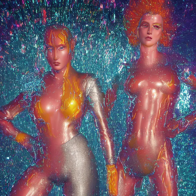 Image similar to octane render portrait by wayne barlow and carlo crivelli and glenn fabry, a woman wearing a giant inflated clear plastic suit full of colorful thick fluid containing glitter, inside an underground soviet dance club, fog and atmospheric lighting, cinema 4 d, ray traced lighting, very short depth of field, bokeh