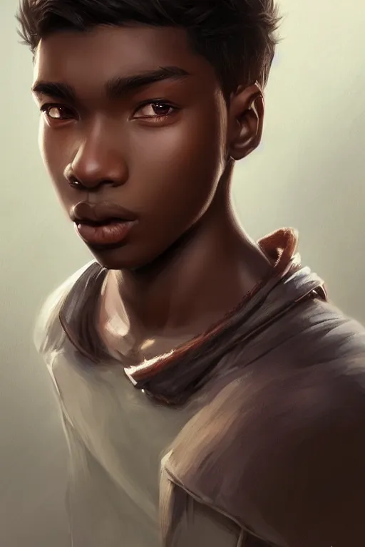 Image similar to young teenager boy with straight short brown hair, dark skin, big lips. highly detailed, d & d, fantasy, highly detailed, digital painting, trending on artstation, concept art, sharp focus, illustration, art by artgerm and greg rutkowski and fuji choko and viktoria gavrilenko and hoang lap