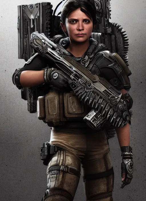 Image similar to Jenette Vasquez from aliens wearing gears of war COG armor, full body portrait, hyper realistic render, artstation, 8k uhd