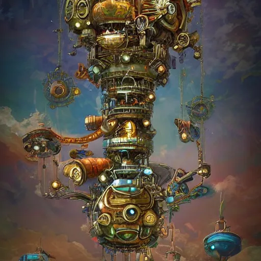 Prompt: flying city in a mechanical flower, flying city, detailed, sky, fantasy art, steampunk, masterpiece