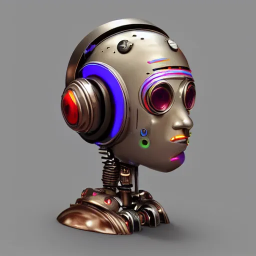 Prompt: a claymodel of a steampunk spaced out futuristic robot head wearing headphones and multicolored tubes, 8 k, front view, symetrical, flourescent colors, halluzinogenic, multicolored, exaggerated detailed, front shot, 3 d render, octane