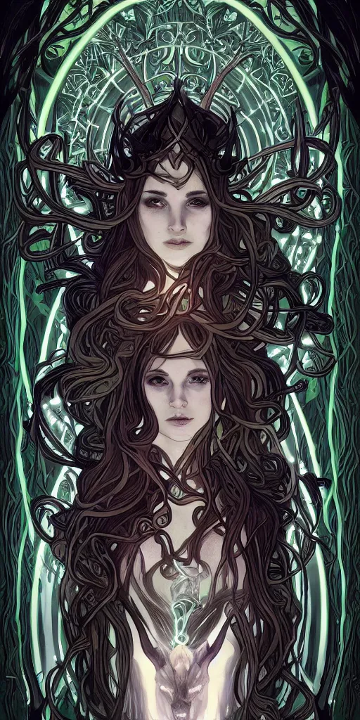 Prompt: intense bioluminescent glowing pagan god with horns and pure black eyes in very dark forest by artgerm and alphonse mucha, portrait, fantasy, clear, light beams, lens flare, intense, uhd, amazing depth, cinematic lighting