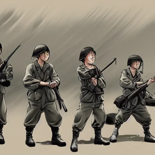Prompt: painting of ww2 Japanese inantry! , desaturated, old school, detailed background, cell shaded, illustration, Trending on artstation