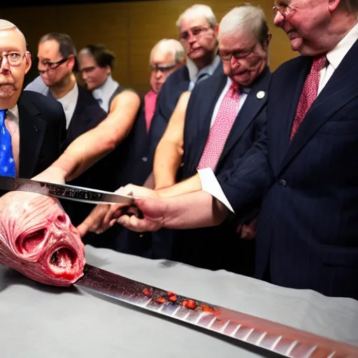 Image similar to mitch mcconnel being cut open by a katana, committing seppeku