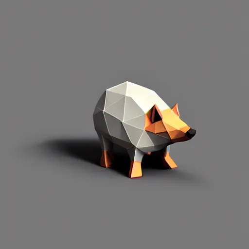 Prompt: 3d render of a low poly hedgehog, studio lighting, solid color, flat shading, 3d isometric