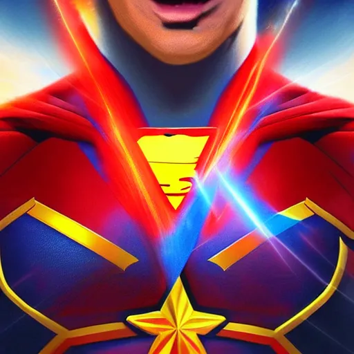 Image similar to superman as captain marvel, artstation hall of fame gallery, editors choice, #1 digital painting of all time, most beautiful image ever created, emotionally evocative, greatest art ever made, lifetime achievement magnum opus masterpiece, the most amazing breathtaking image with the deepest message ever painted, a thing of beauty beyond imagination or words