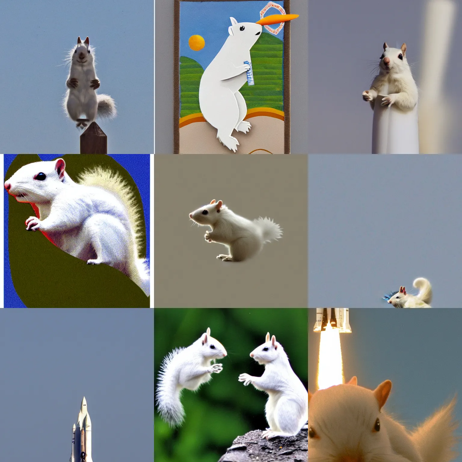 Prompt: a white squirrel on an rocket with Space Shuttle